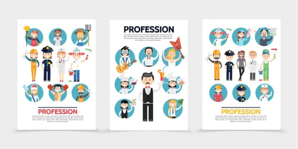 平面職業(yè)小冊子設(shè)計(jì) 為設(shè)計(jì)師、農(nóng)民、建設(shè)者、醫(yī)生、警察、畫家與郵遞員打造專業(yè)形象